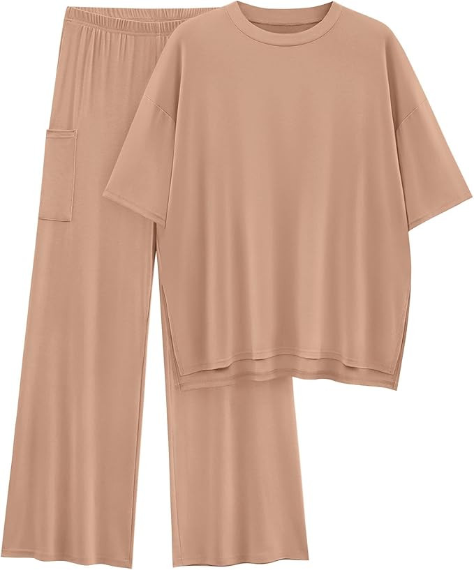 KIRUNDO Womens 2 Piece Outfits Lounge Set 2024 Casual Loose Short Sleeve Knit Pullover Tops and W... | Amazon (US)