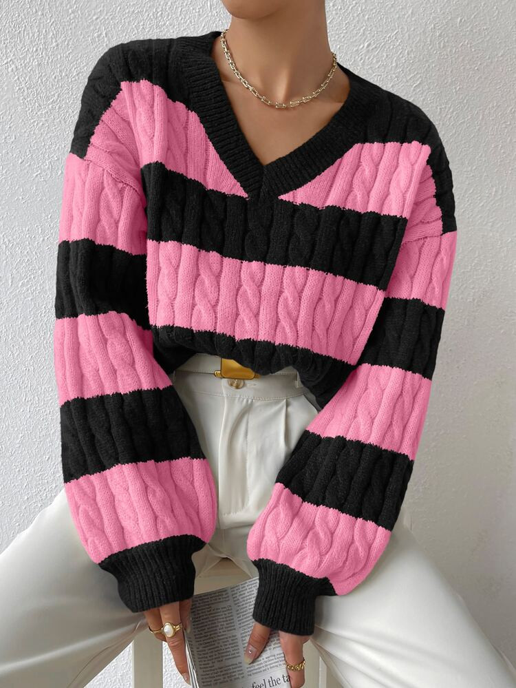 Two Tone Cable Knit Drop Shoulder Sweater | SHEIN