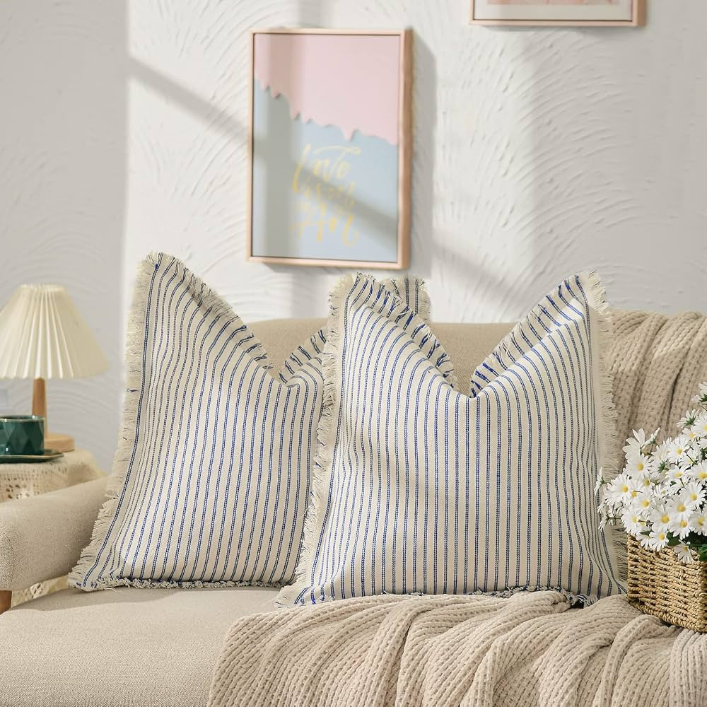 ZWJD Throw Pillow Covers 18x18 Set of 2 Striped Pillow Covers with Fringe Chic Cotton Decorative ... | Amazon (US)