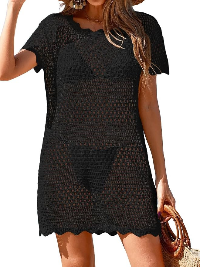 Womens Crochet Swimsuit Beach Cover Up 2026 Short Sleeve Mesh Knit Bathing Suit Swim Coverups Min... | Amazon (US)