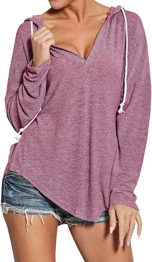 WLLW Womens Long Sleeve Deep V Neck Drawstring Sweatshirt Hoodies Tops Blouse | Amazon (US)