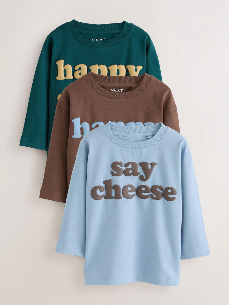 Mutli Blue / Berry / Green Happy Smile Slogan Long Sleeve Graphic T-Shirts 3 Pack (3mths-7yrs) | Next US
