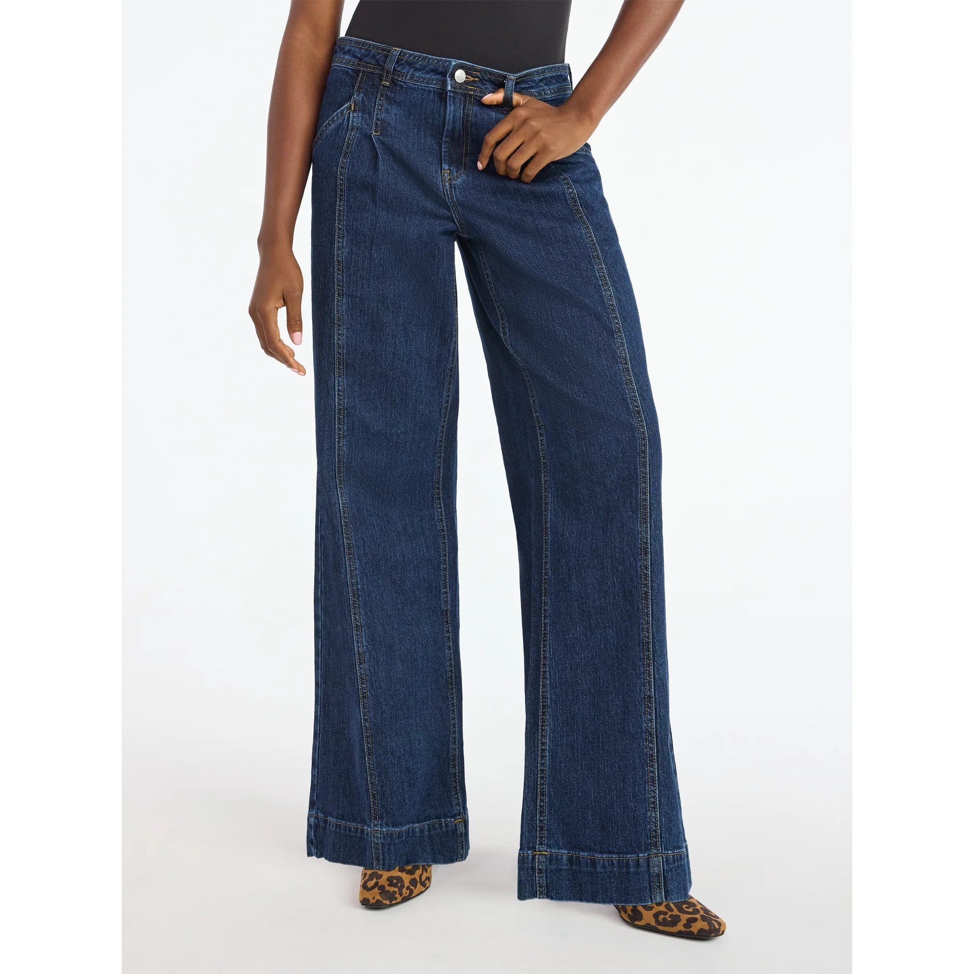 Scoop Women’s Pleated Wide Leg Jeans, Sizes 0-18 | Walmart (US)