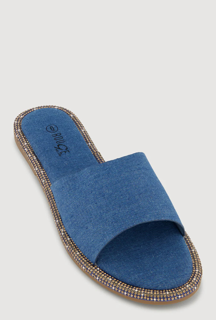 Rhinestone Trim Slide Open Toe Sandals | Rainbow Shops