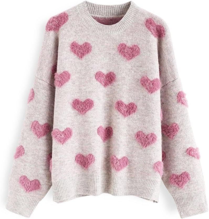 Women's Cute Aesthetic Heart Cream Sweaters Trendy Fall Pullover Crewneck Long Sleeve Soft Knitte... | Amazon (US)