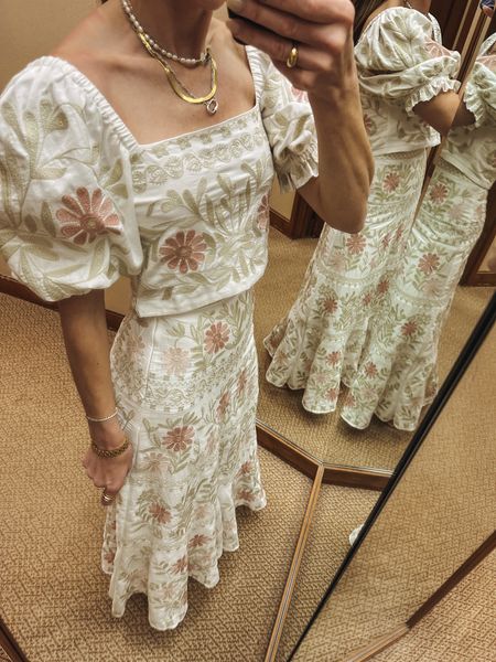 Found this set at dillards and if I didn’t already have an Easter outfit, I would have snagged it in a heartbeat! So pretty with the embroider. Top has elastic where shoulders are to stay on and puff sleeve. Love the maxi skirt. Mix and match these pieces. Top would be so cute with white jeans and the skirt with just a white tank and flat slip on sandal slides 
Easter dress
Easter outfit 
Mom outfit 
Church outfit 
Spring dress
Spring coord set 
Coordinating set
Matching skirt set 


#LTKSeasonal #LTKstyletip #LTKunder100