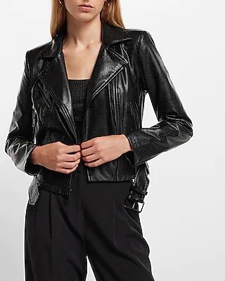 Croc Faux Leather Cropped Moto Jacket | Express
