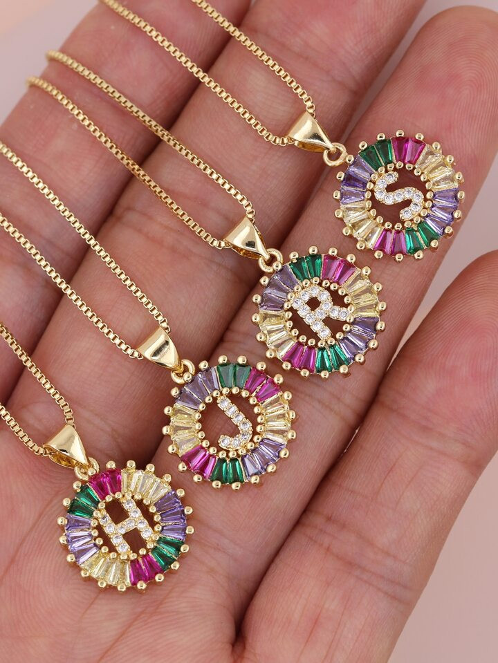 Luxury Micro Pave Rainbow Cubic Zirconia Gold Color Letter Charm Pendant Women Initial Name Fashi... | SHEIN
