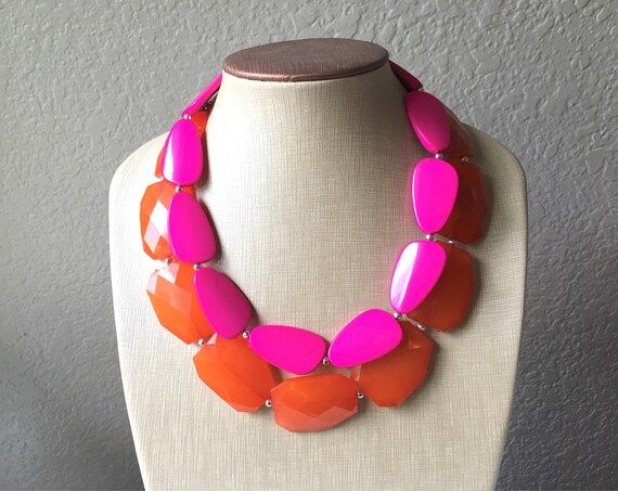 Pink & Orange Necklace, multi strand jewelry, big beaded chunky statement necklace, pink necklace... | Etsy (US)