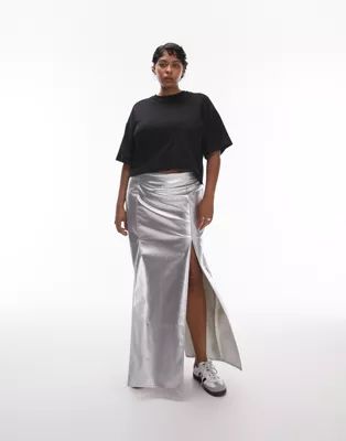 Topshop Curve vinyl double split midi skirt in silver | ASOS | ASOS (Global)