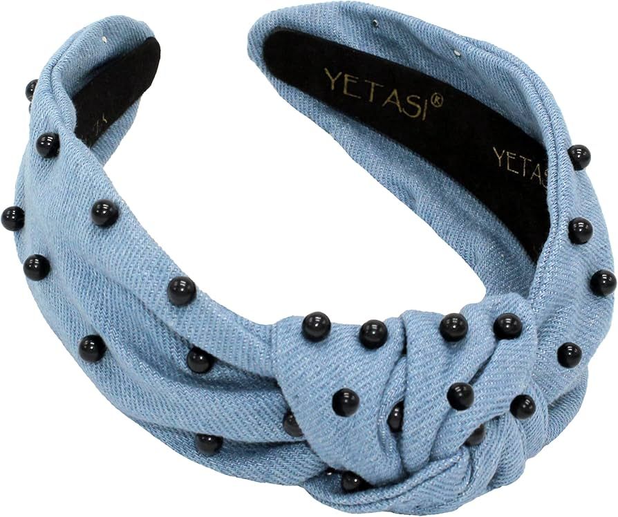 YETASI Blue Headband is Classy. Denim Black Pearl Knotted Headband for Women Goes with Everything... | Amazon (US)