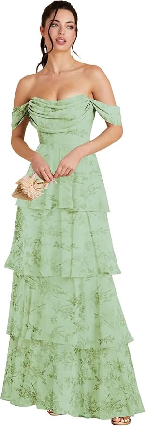 homdor Off Shoulder Chiffon Bridesmaid Dresses Long for Women Tiered Ruffles A Line Formal Evenin... | Amazon (US)