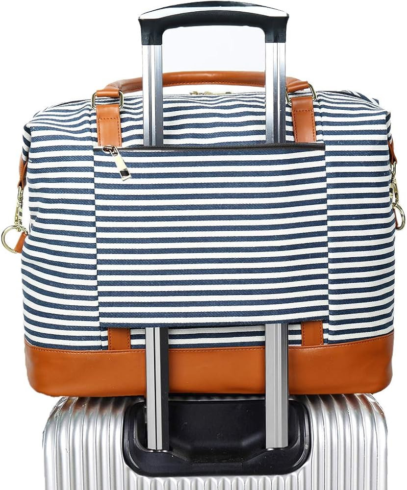 Women Ladies Canvas Weekender Bag Overnight Carry-on Tote Duffel in Trolley Handle (Blue Stripe) | Amazon (US)