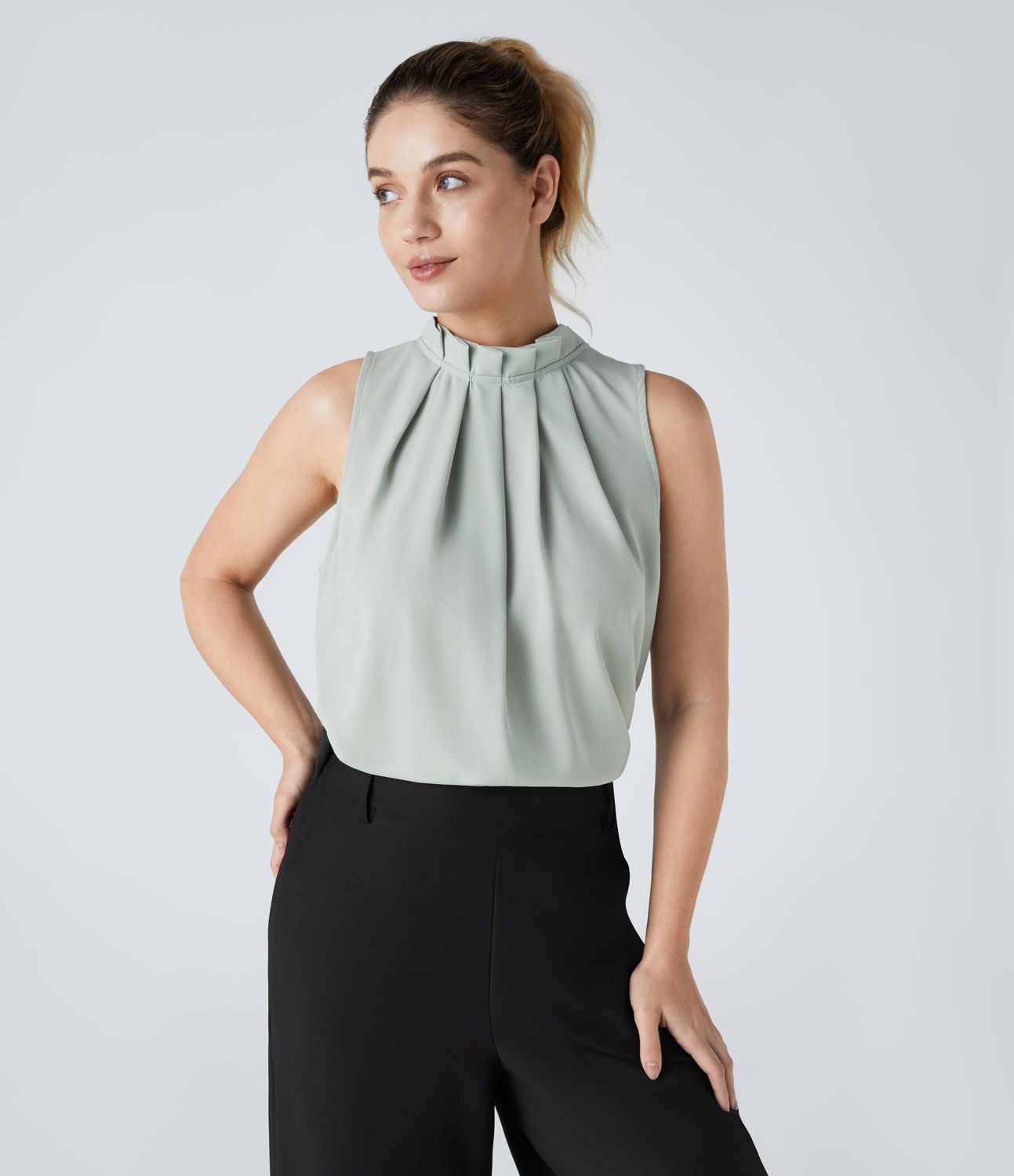 Women’s Stand Collar Pleated Button Back Sleeveless Work Top - Halara | HALARA