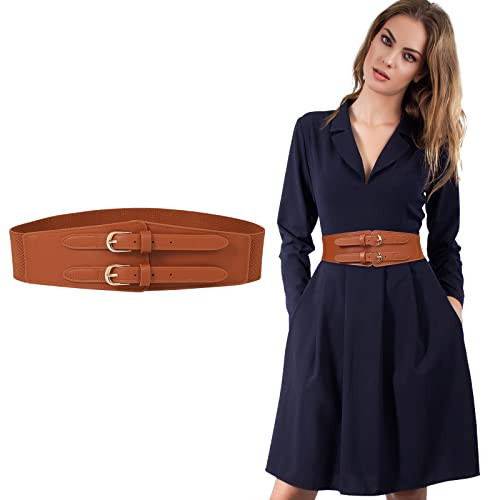 AWAYTR Double Buckle Women's Elastic Belt - Ladies Stretchy Wide Waist Leather Belts for Dresses Jeans(Brown 31-33.5") | Amazon (US)