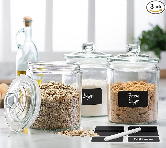 3pc Canister Sets for Kitchen Counter + Labels & Marker - Glass Cookie Jars with Airtight Lids - ... | Amazon (US)