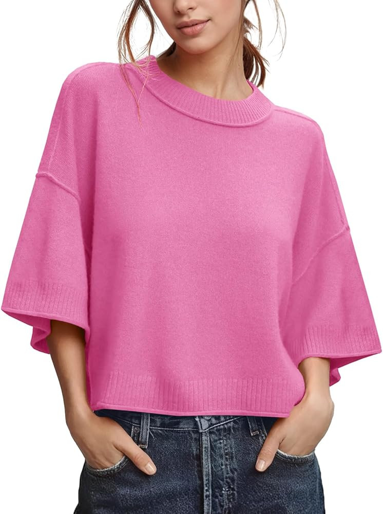 ZDC Women's Oversized Sweaters Summer Short Sleeve Casual Cropped Tops Lightweight Loose Fit Knit... | Amazon (US)