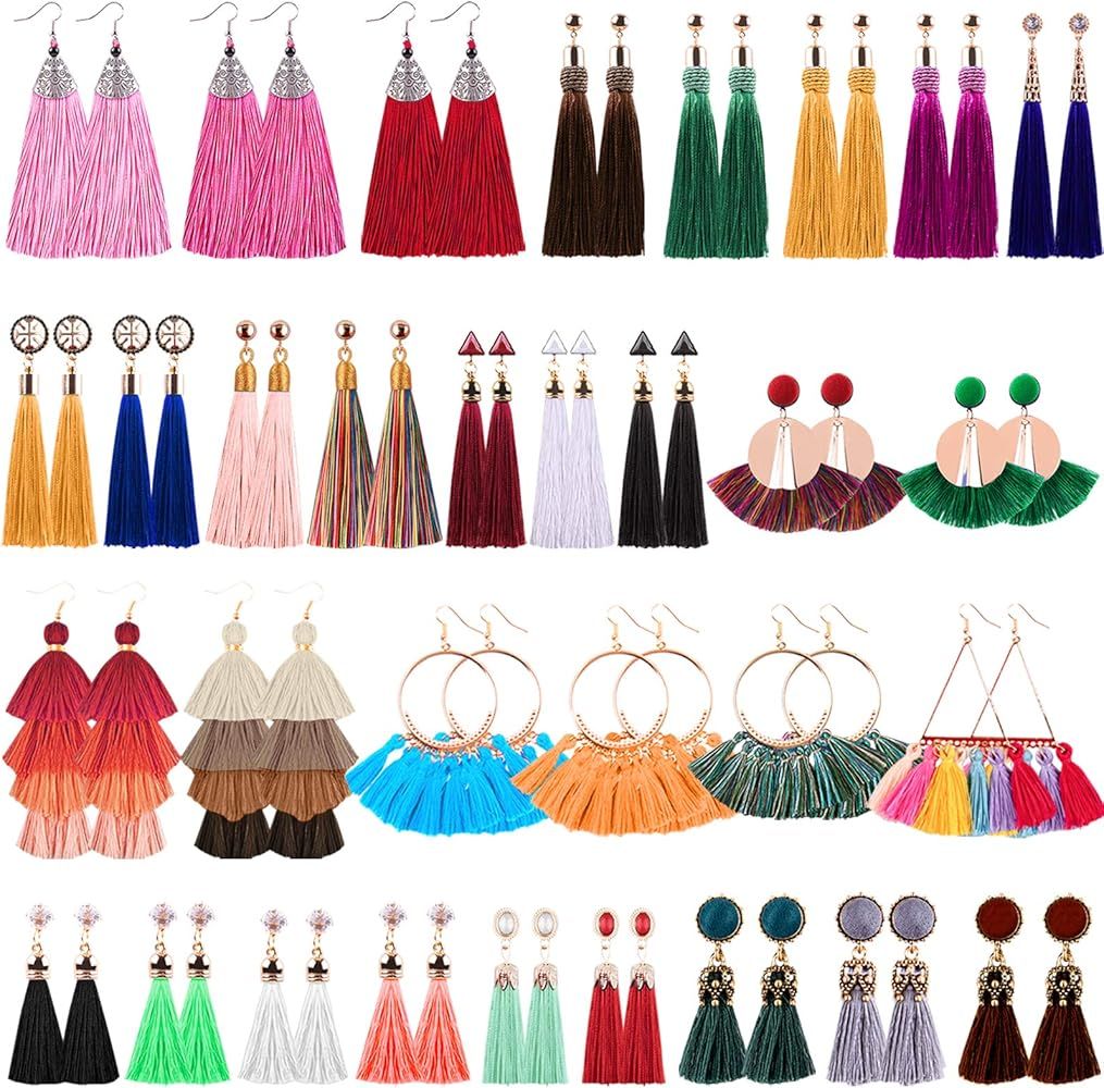 Duufin 32 Pairs Tassel Earrings Colorful Bohemian Tassel Earring Long Layered Dangle Earrings Tas... | Amazon (US)