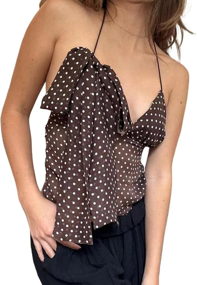 Women Deep V Neck Polka Dot Cami Shirts Spaghetti Strap Halter Tank Vest Tops Open Back Tie Camis... | Amazon (US)