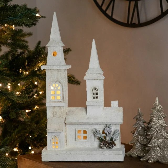 Northlight 17.5" LED Lighted White Frosted Church Christmas Tabletop Decoration | Walmart (US)