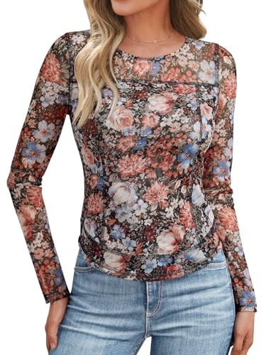 Dealmore Womens Floral Mesh Sheer Lace Going Out Trendy Tops Spring Fashion Outfits Clothes 2025 Floral Fierce L | Amazon (US)