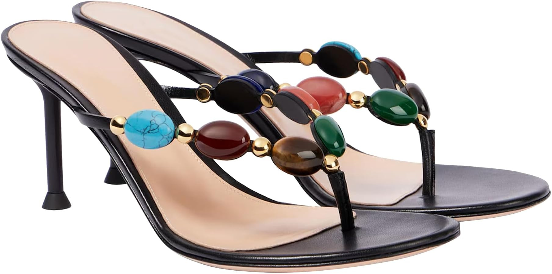 Women's Jewelled Thong Strappy Sandal Summer Mules Kitten Heels Flip Flop Round Open Toe Mid Heel... | Amazon (US)