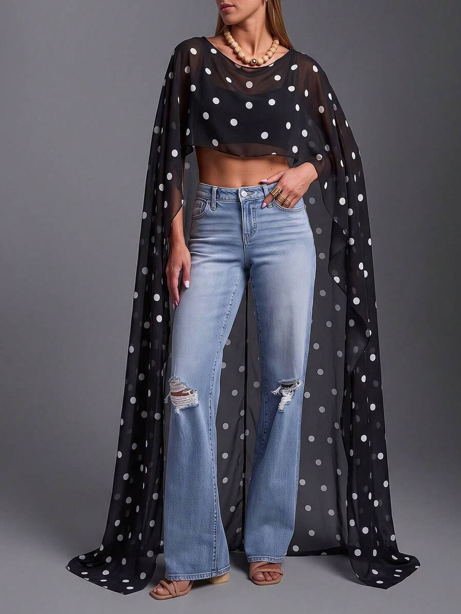 LocalTop Summer Polka Dot Sheer Chiffon Cape Crop Top With Extra Long Floor Length Flowy Sleeves ... | SHEIN