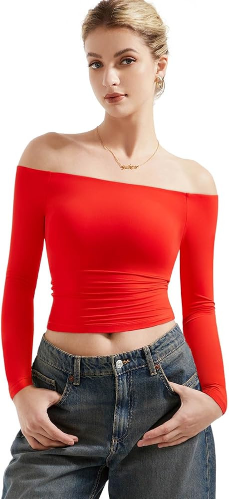 SUUKSESS Women Off Shoulder Double Lined Long Sleeve Shirts Basic Going Out Tops | Amazon (US)
