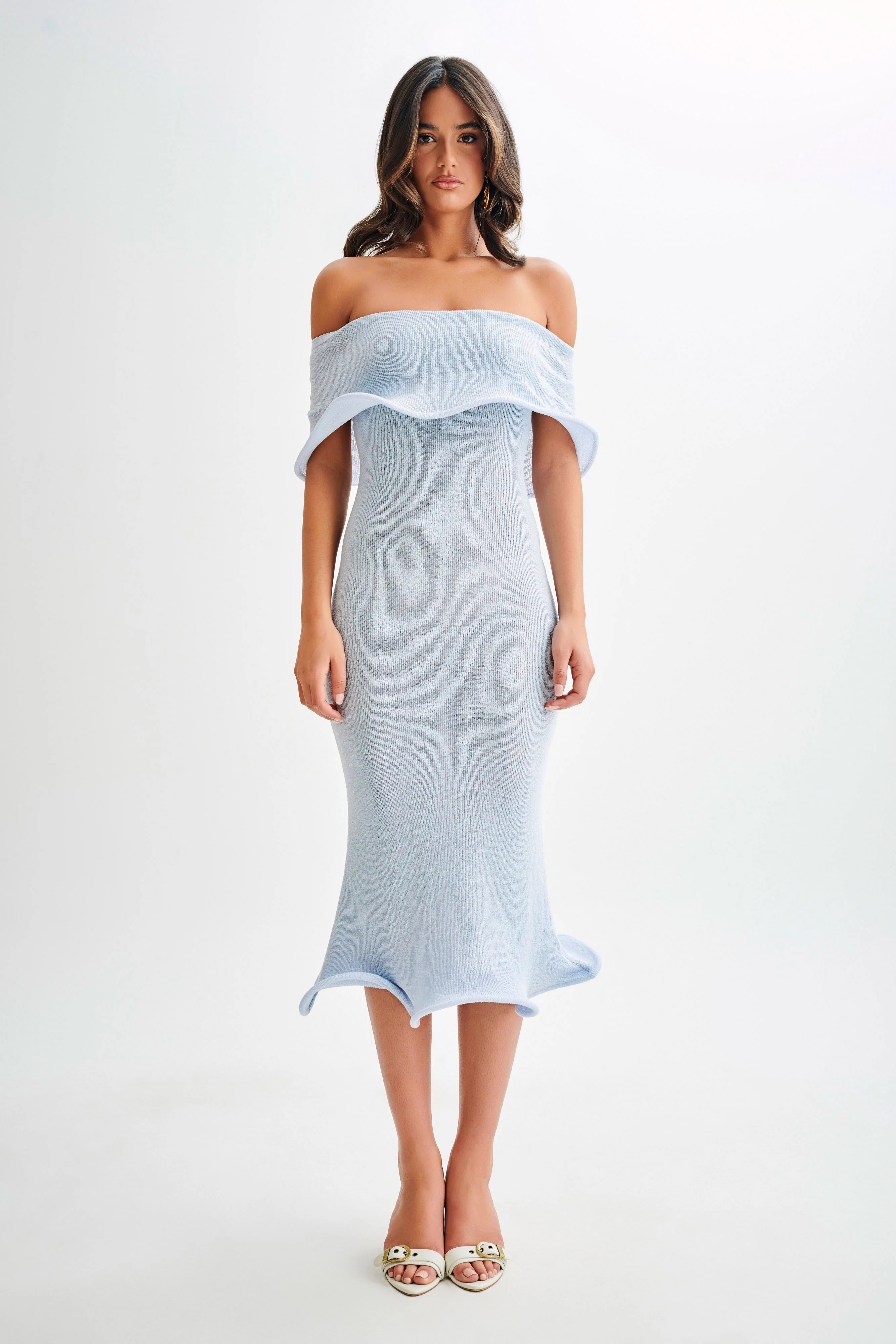 Molly Off Shoulder Knit Midi Dress - Sky Blue | MESHKI US