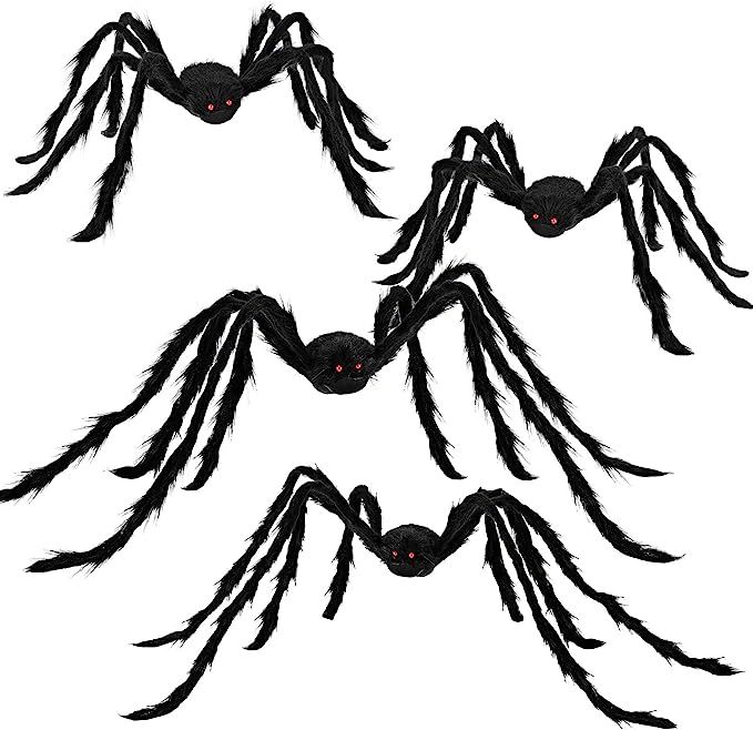 Halloween Realistic Hairy Spiders Set (4 Pack), Halloween Spider Props, Scary Spiders with Large ... | Amazon (US)