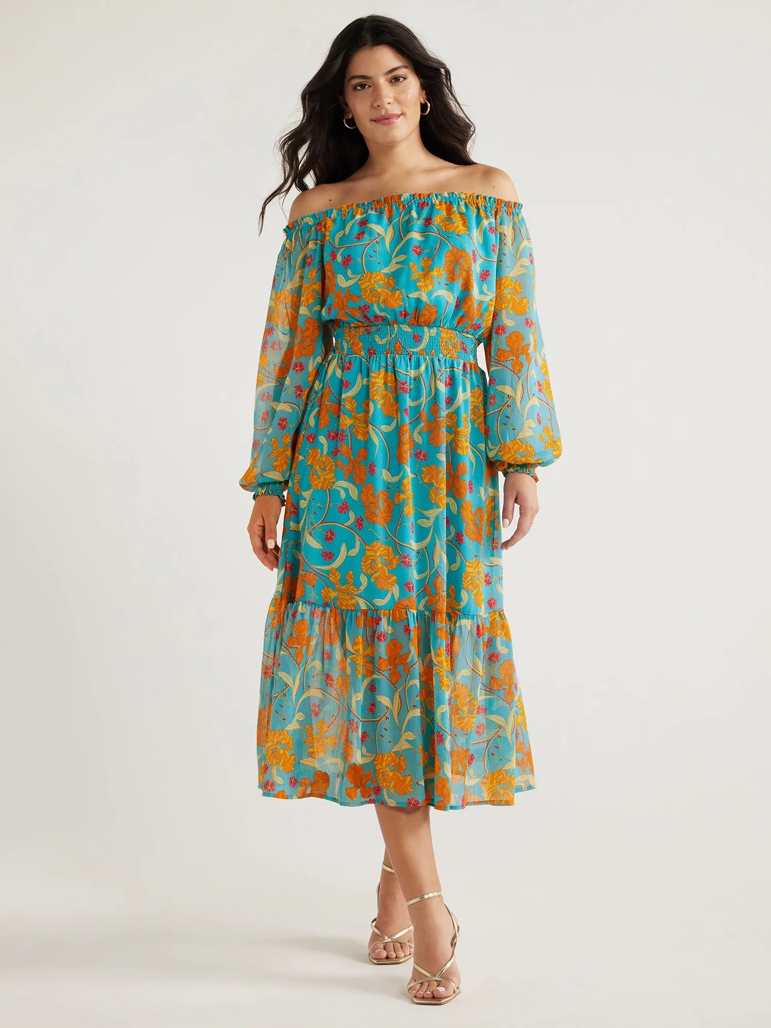 Sofia Jeans Women's and Women's Plus Off the Shoulder Dress with Blouson Sleeves, Sizes XS-5X | Walmart (US)