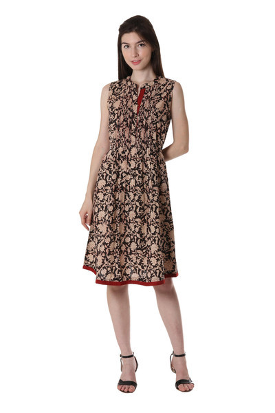 Floral Printed Cotton A-Line Dress in Ivory and Black | NOVICA