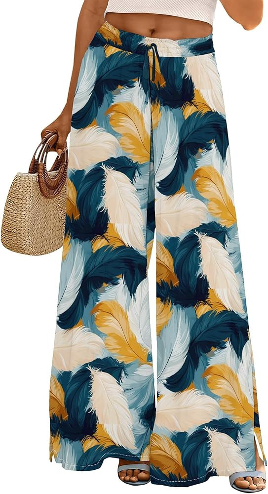 Womens Wide Leg Palazzo Pants Boho Floral 2025 Summer Beach Culottes Flowy Casual Lounge Trousers... | Amazon (US)