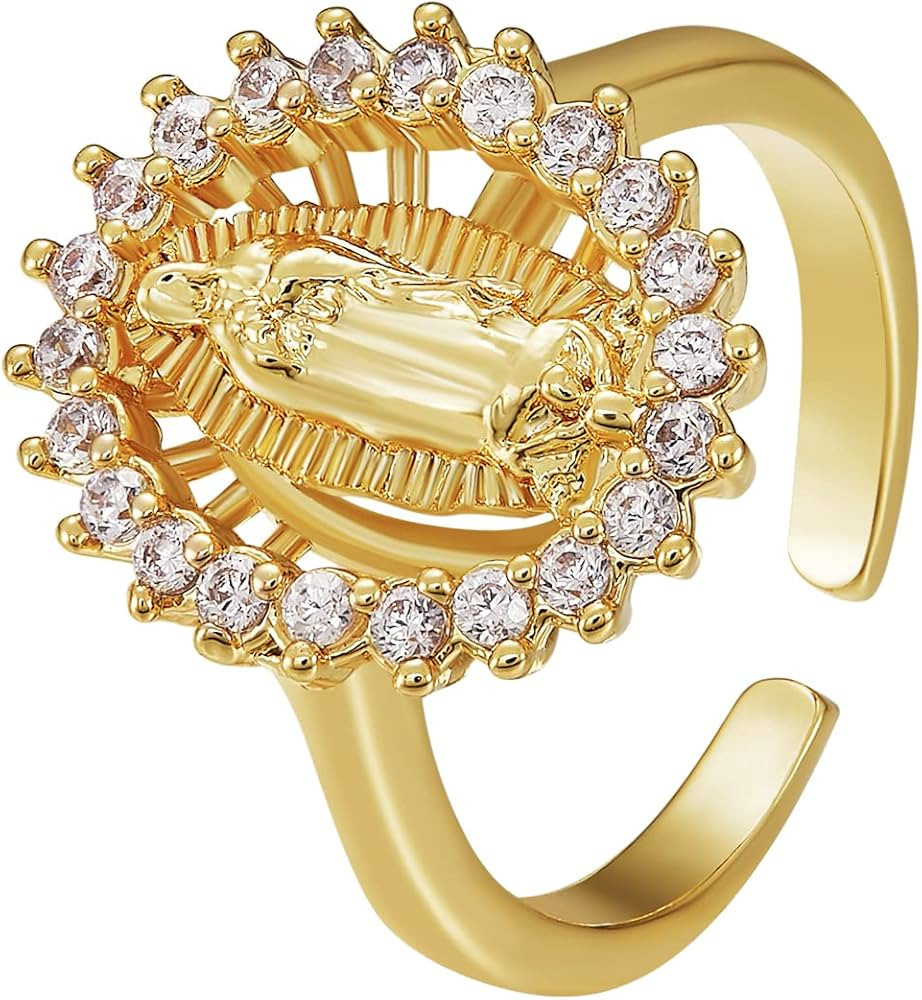 Ornaland 18K Gold Plated Clear Cubic Zirconia Open Cuff Ring Adjustable Oval with Virgin Mary Rel... | Amazon (US)