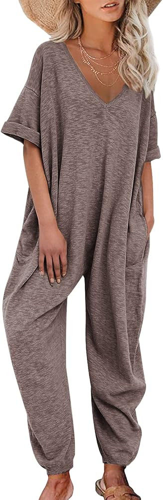 Nirovien Women's Solid Color V Neck Jumpsuits Half Sleeve Long Rompers Beam Foot Baggy Overalls P... | Amazon (US)
