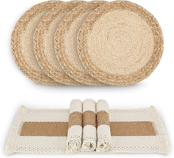 Handmade Boho Placemats Set of 4 - Natural Cotton Burlap and Water Straw Woven Combination Table ... | Amazon (US)