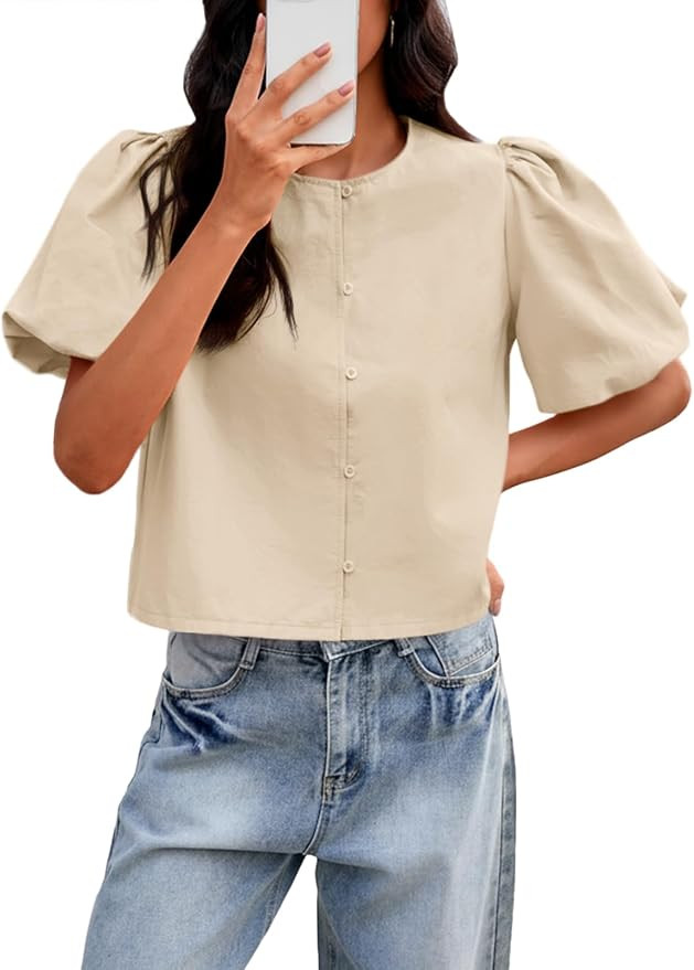 Tankaneo Womens Cropped Tops Puff Sleeve Casual Button Down Shirts Blouse | Trendy Casual, Loose ... | Amazon (US)