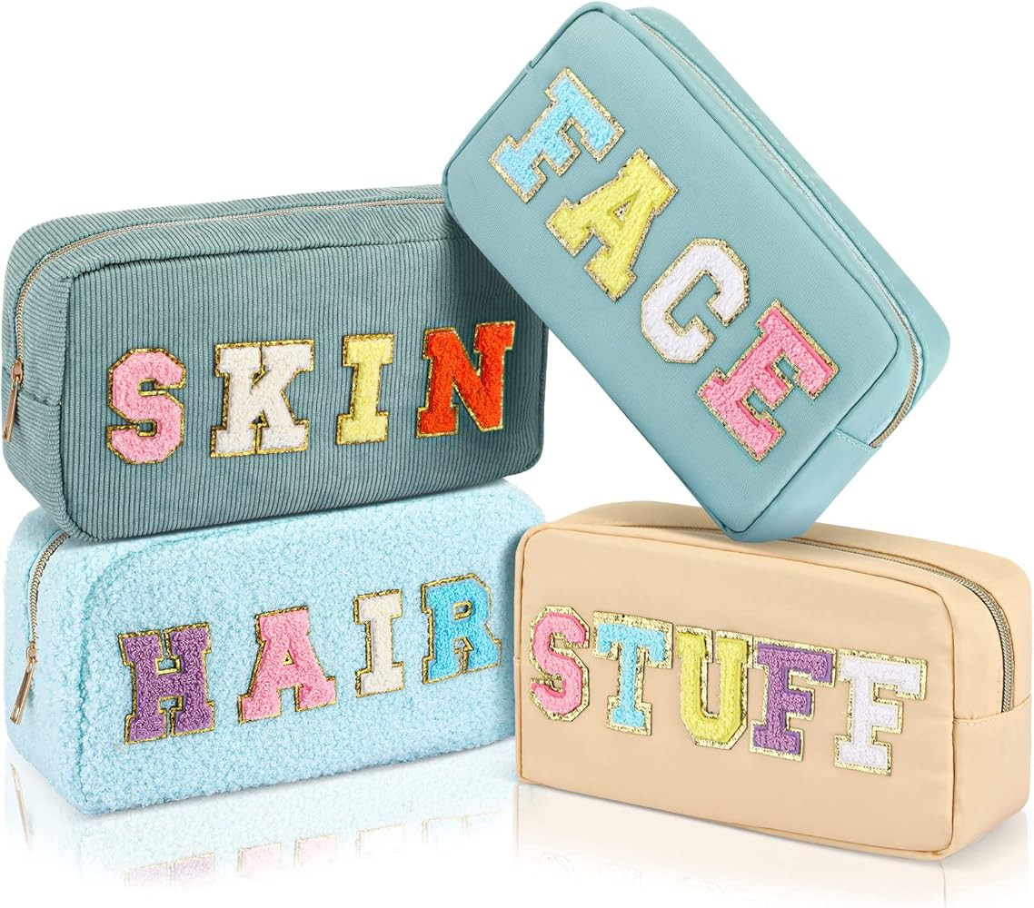 Kajaia 4 Pcs Nylon Chenille Letter Bag Pouches Cosmetic Makeup Toiletry Bag Cute Makeup Bags for ... | Amazon (US)