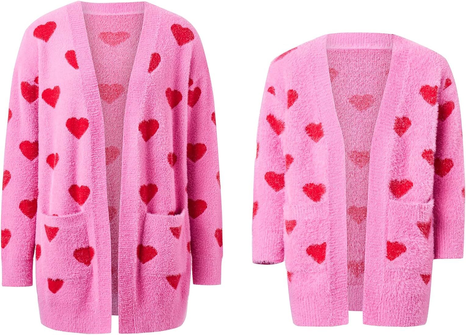 Mom and Daughter Matching Clothes Women Little Girls Heart Cardigan Sweater Valentine's Day Cardi... | Amazon (US)