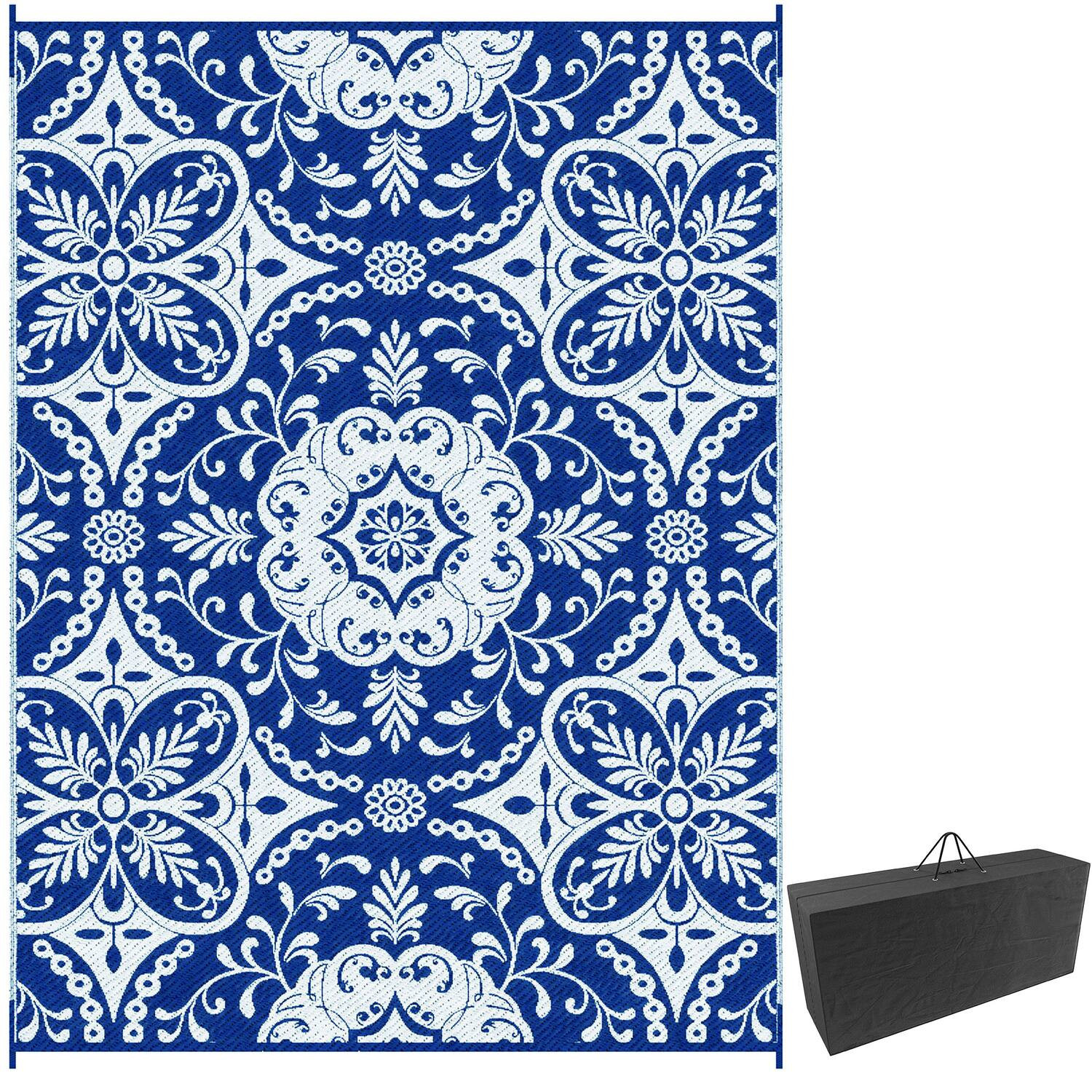 Outsunny - Outdoor Rug for Patio, 9' x 12' Waterproof Large Mat, Reversible Plastic Straw Rug for Decor - Blue and White Floral | Best Buy U.S.