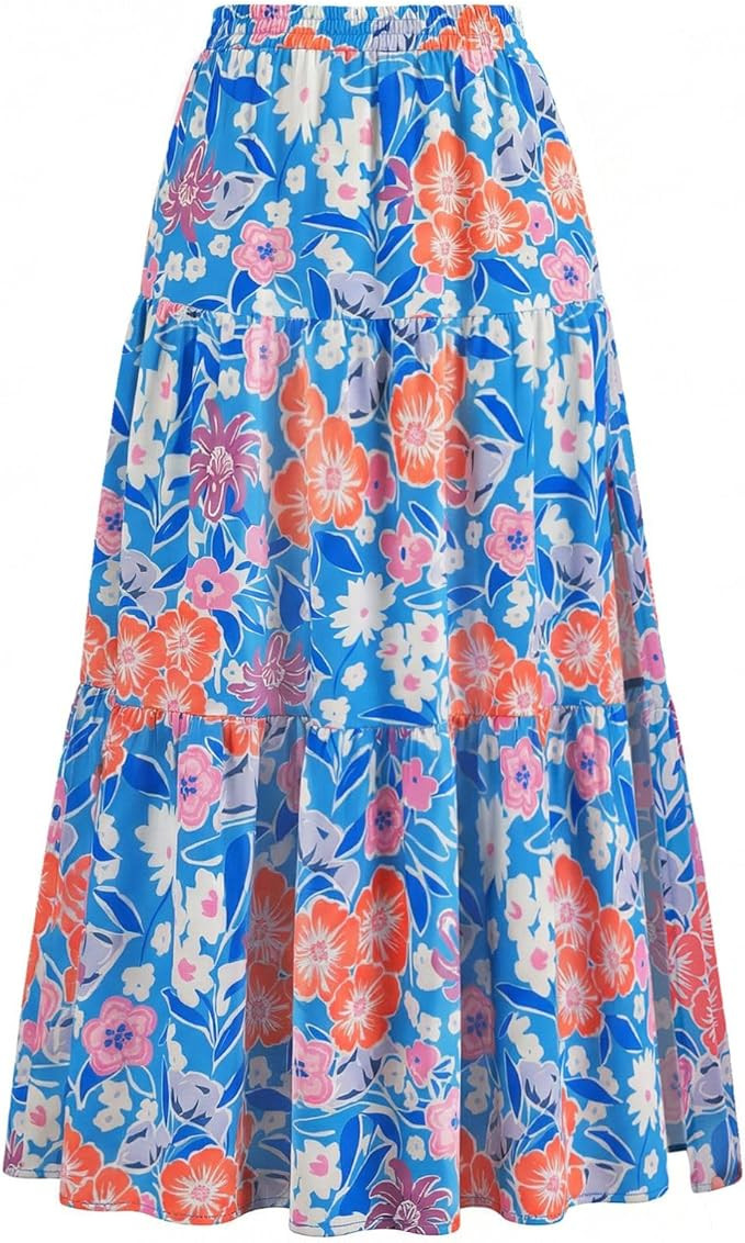 Kate Kasin Women's Boho Maxi Skirt, Floral Printed Flowy Long Skirts, Summer Beach Vacation Outfi... | Amazon (US)