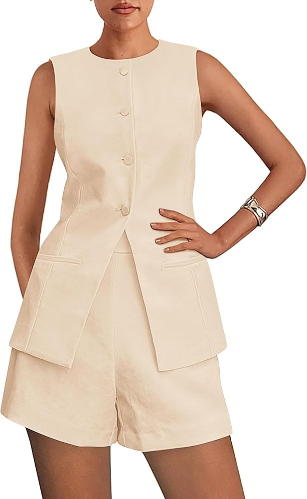 PRETTYGARDEN Women's 2 Piece Sets 2025 Summer Trendy Button Down Suit Vest Tops High Waisted Shor... | Amazon (US)
