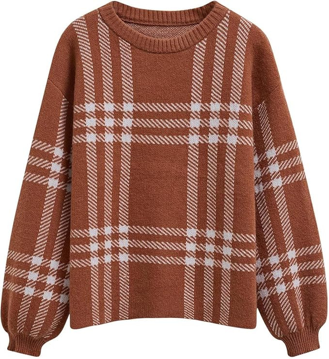 CHICWISH 2023 Fall Winter Women's Caramel Classic Plaid Round Neck Oversized Sweaters Long Sleeve... | Amazon (US)