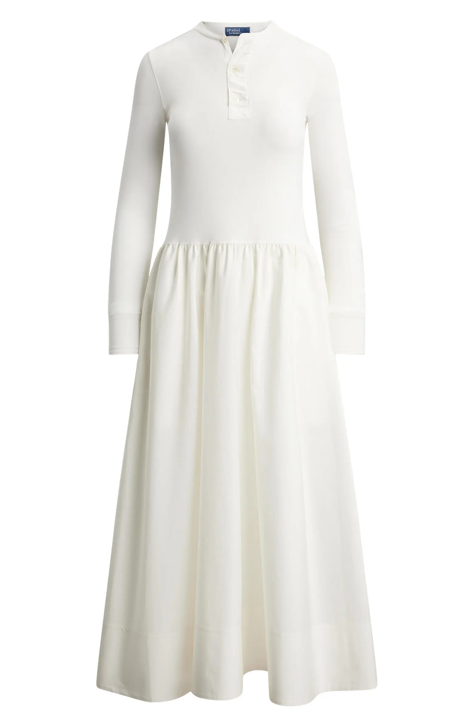 Long Sleeve Mixed Media Henley Midi Dress | Nordstrom