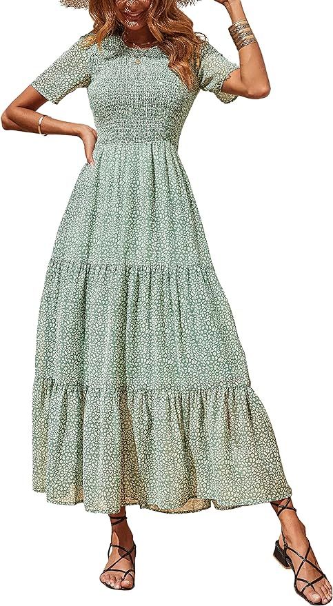 BTFBM Women Casual Short Sleeve Crew Neck Summer Dress Bohemian Floral Printed Flowy Maxi Dresses... | Amazon (US)