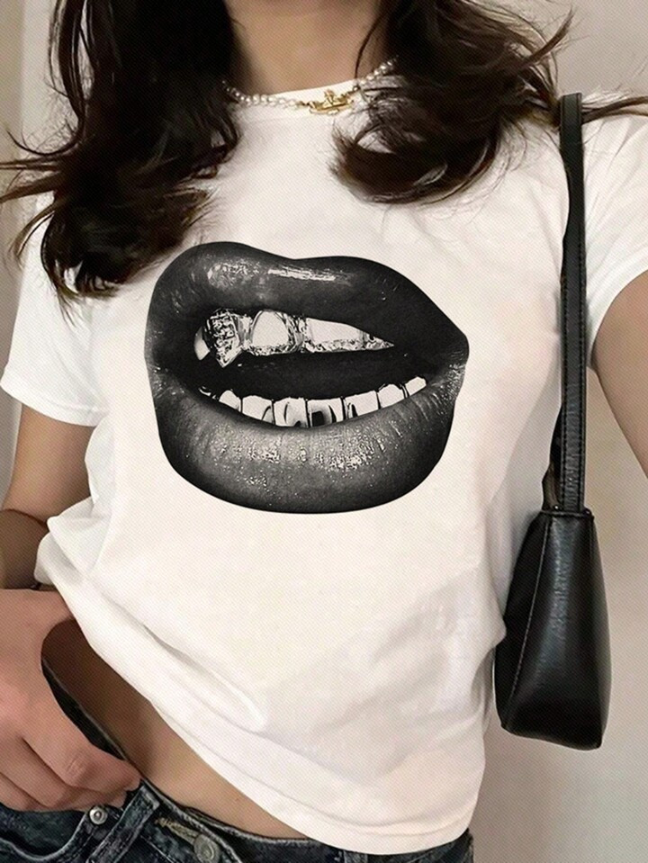 SHEIN EZwear Casual Black Lips Pattern White Round Neck Short Sleeve Slim Fit Women's T-Shirt, Su... | SHEIN