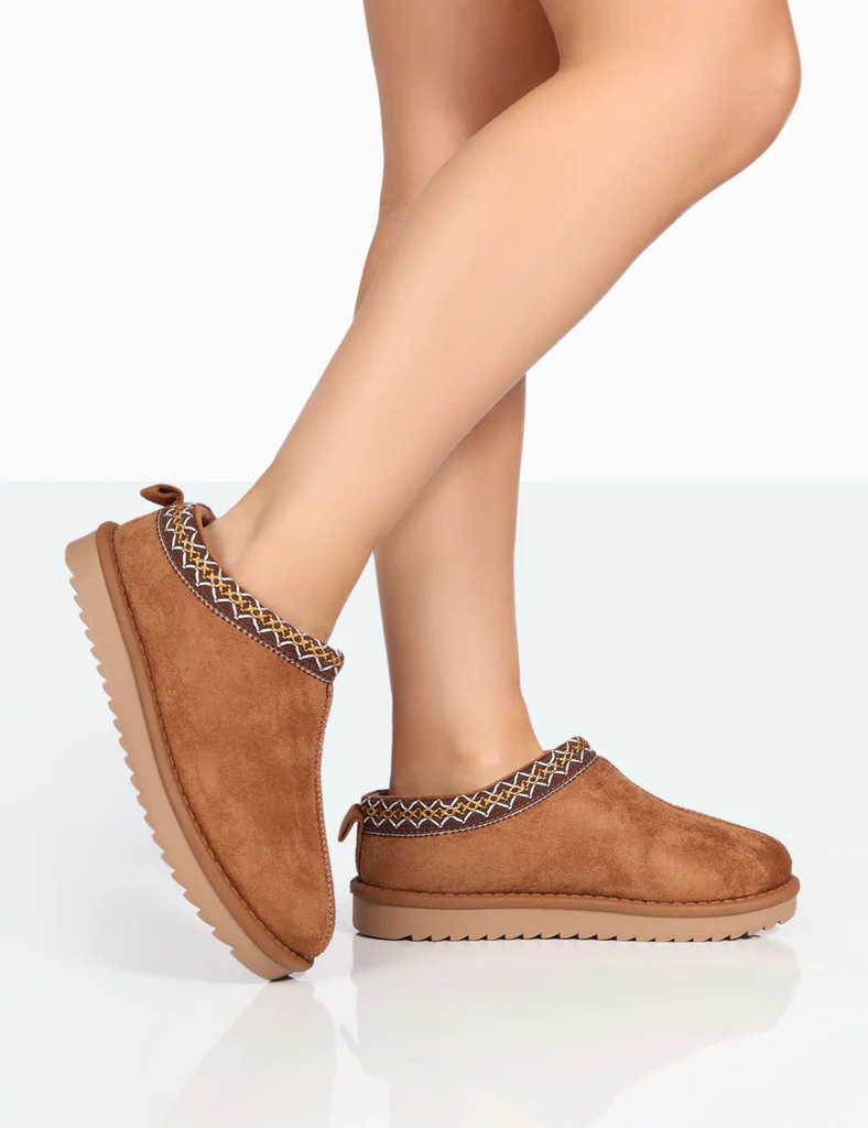 Tamsin Tan Faux Suede Embroidered Slipper Boots | Public Desire