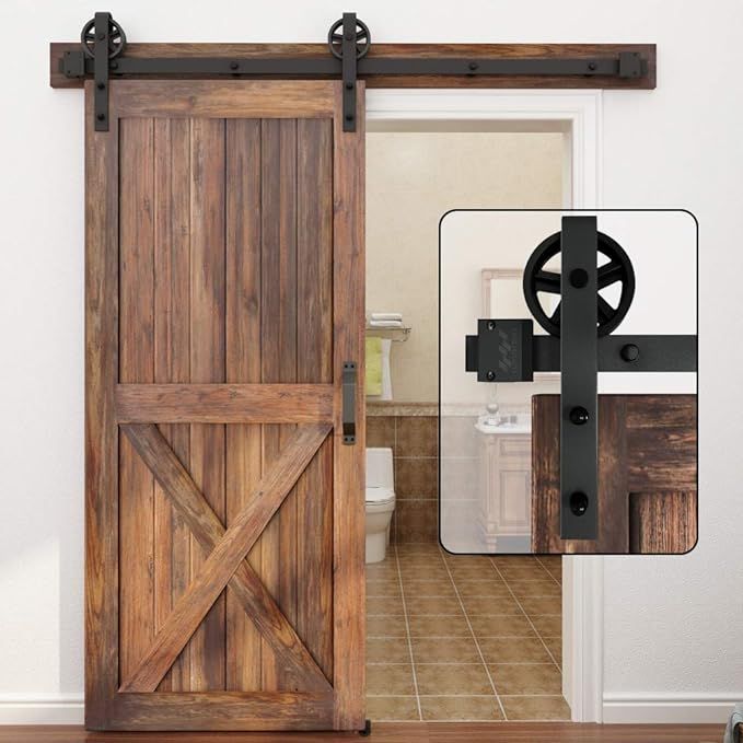 WINSOON 5-16FT Single Wood Sliding Barn Door Hardware Basic Black Big Spoke Wheel Roller Kit Gara... | Amazon (US)