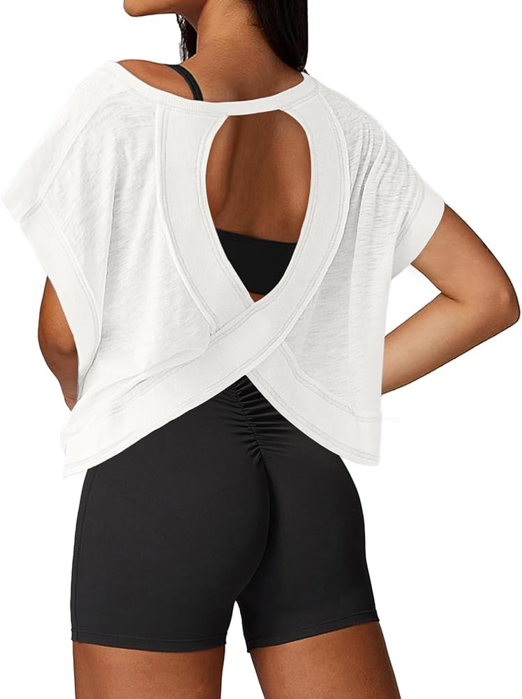 UNIANKIYA Open Back Workout Tops for Women Loose Fit Athletic Crop Tee Short Sleeve Gym Running Y... | Amazon (US)