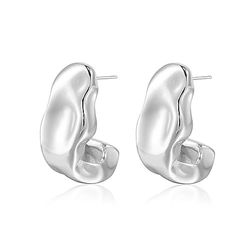 Chunky Silver Statement Geometric Earrings For Women Drop & Dangle Trendy Chrome Minimalist Hammered Stud Irregular Earrings For Women Jewelry Gift | Amazon (US)